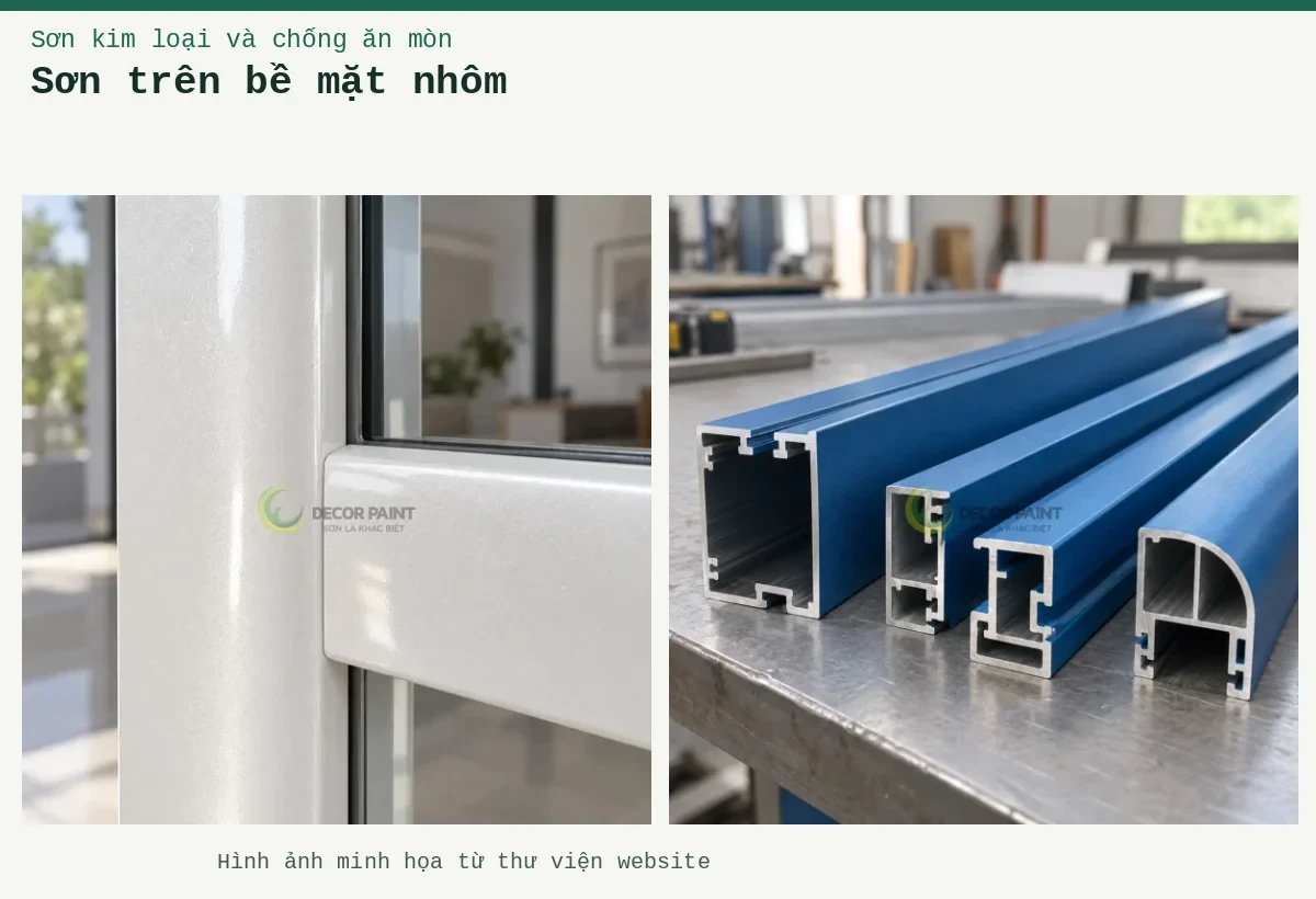 Sơn trên bề mặt nhôm – Ảnh minh họa: Minh họa các thanh nhôm định hình phủ màu xanh, với đầu cắt lộ bề mặt nhôm; Khung cửa nhôm nhũ trắng.