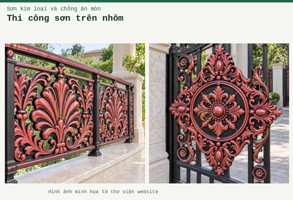 Thi công sơn trên nhôm – Ảnh minh họa: Cổng nhôm đúc sơn nhũ rượu vang; Lan can ban công nhôm đúc.