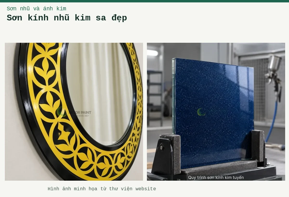Sơn kính nhũ kim sa đẹp – Ảnh minh họa: Tấm kính xanh dương có hiệu ứng nhũ kim sa mịn; Khung gương họa tiết lá vàng chanh.