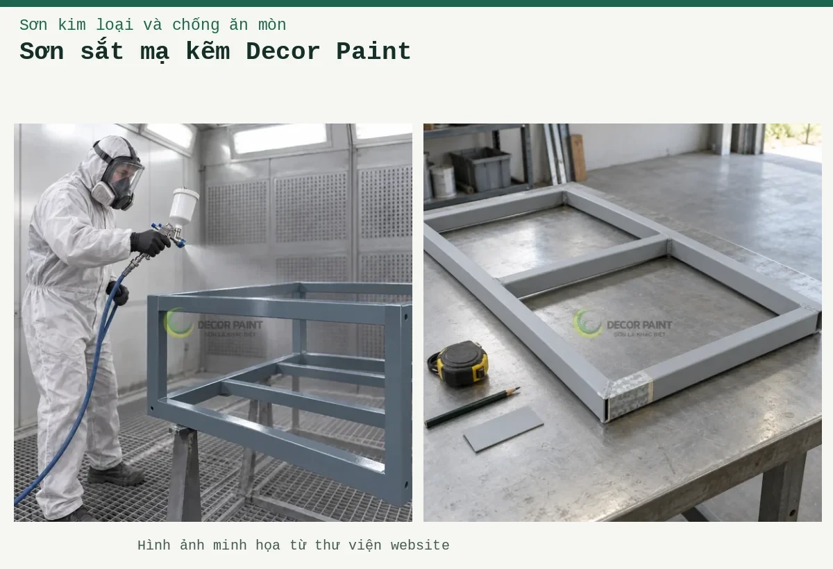 Sơn sắt mạ kẽm Decor Paint – Ảnh minh họa: Minh họa phun sơn ghi nhạt trên khung sắt mạ kẽm trong buồng phun; Minh họa khung thép mạ kẽm phủ sơn chống rỉ và phần mẫu bề mặt kẽm.
