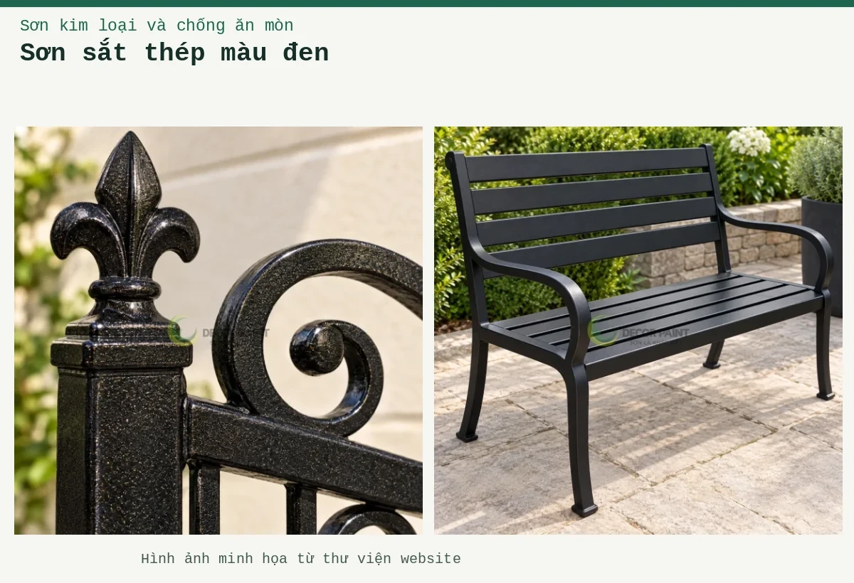 Sơn sắt thép màu đen – Ảnh minh họa: Chi tiết hoa văn sắt sơn nhũ đen; Ghế thép đen nhám.