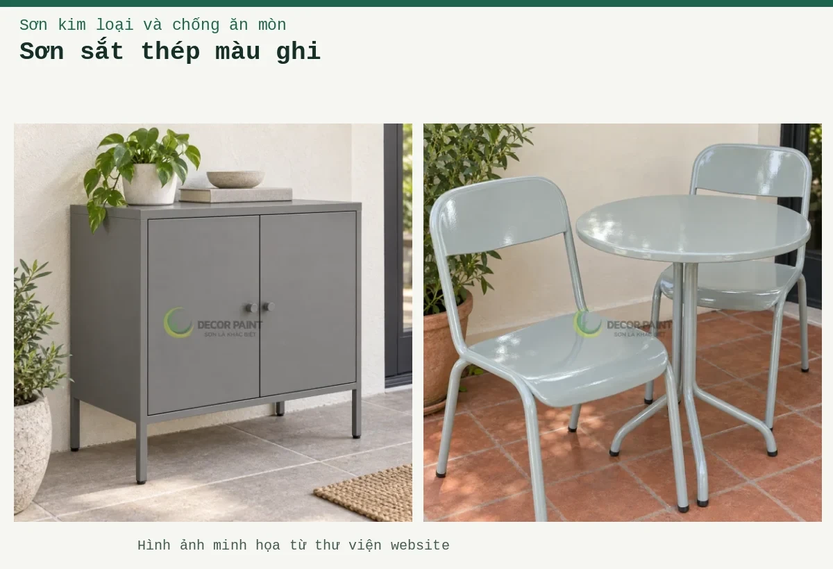 Sơn sắt thép màu ghi – Ảnh minh họa: Bàn ghế sắt xám GBT-003; Tủ thép sơn xám nhám.