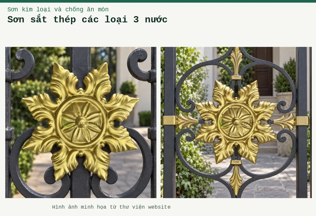 Sơn sắt thép các loại 3 nước – Ảnh minh họa: Hoa sắt sơn nhũ vàng 24K; Tấm hoa văn sắt sơn nhũ vàng 24K.