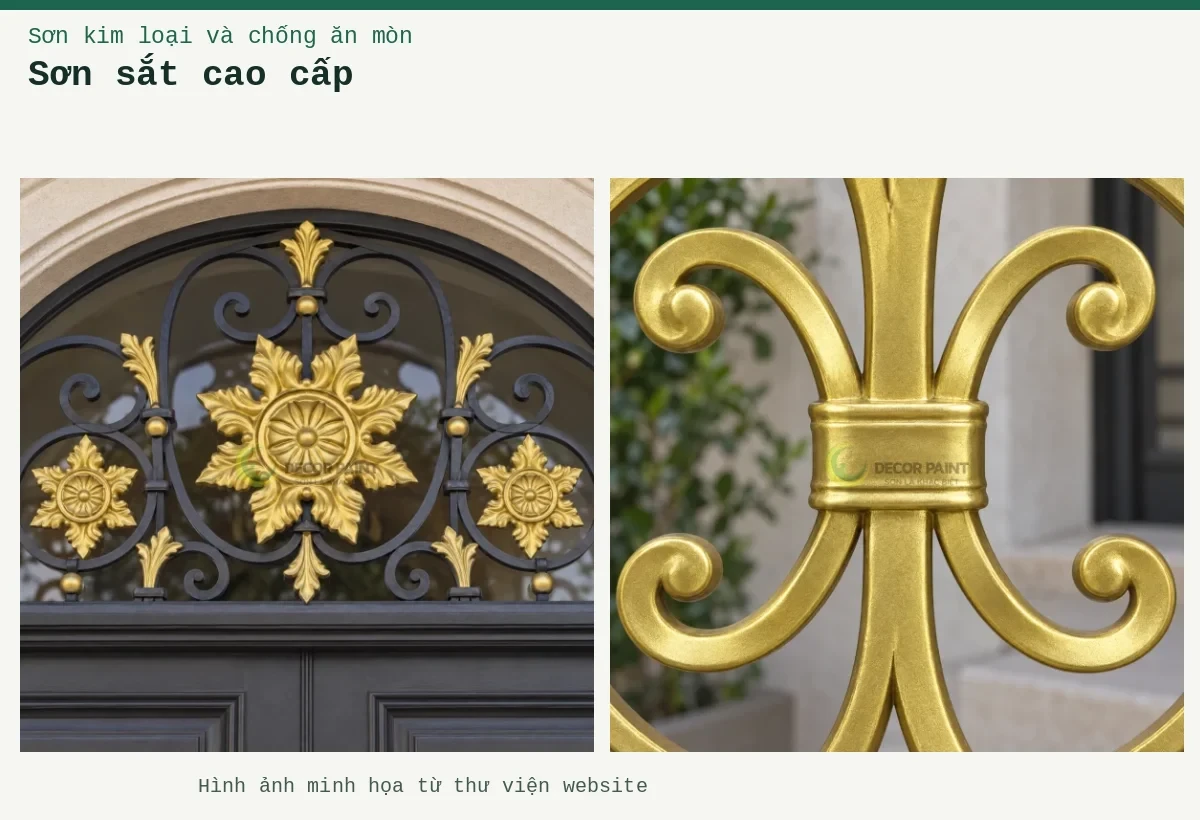 Sơn sắt cao cấp – Ảnh minh họa: Chi tiết cuốn sắt sơn nhũ vàng 24K; Ô thoáng sắt sơn nhũ vàng 24K.