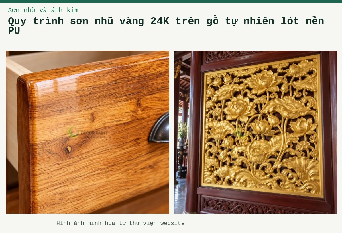 Quy trình sơn nhũ vàng 24K trên gỗ tự nhiên lót nền PU – Ảnh minh họa: Tấm gỗ chạm hoa sen nhũ vàng; Ngăn kéo gỗ phủ bóng trong.
