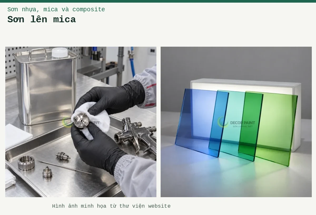 Sơn lên mica – Ảnh minh họa: Tấm acrylic trong màu xuyên sáng; Vệ sinh đầu phun.