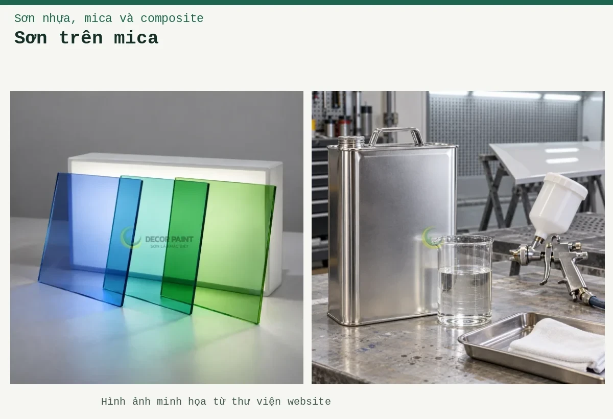 Sơn trên mica – Ảnh minh họa: Tấm acrylic trong màu xuyên sáng; Dụng cụ và dung môi.