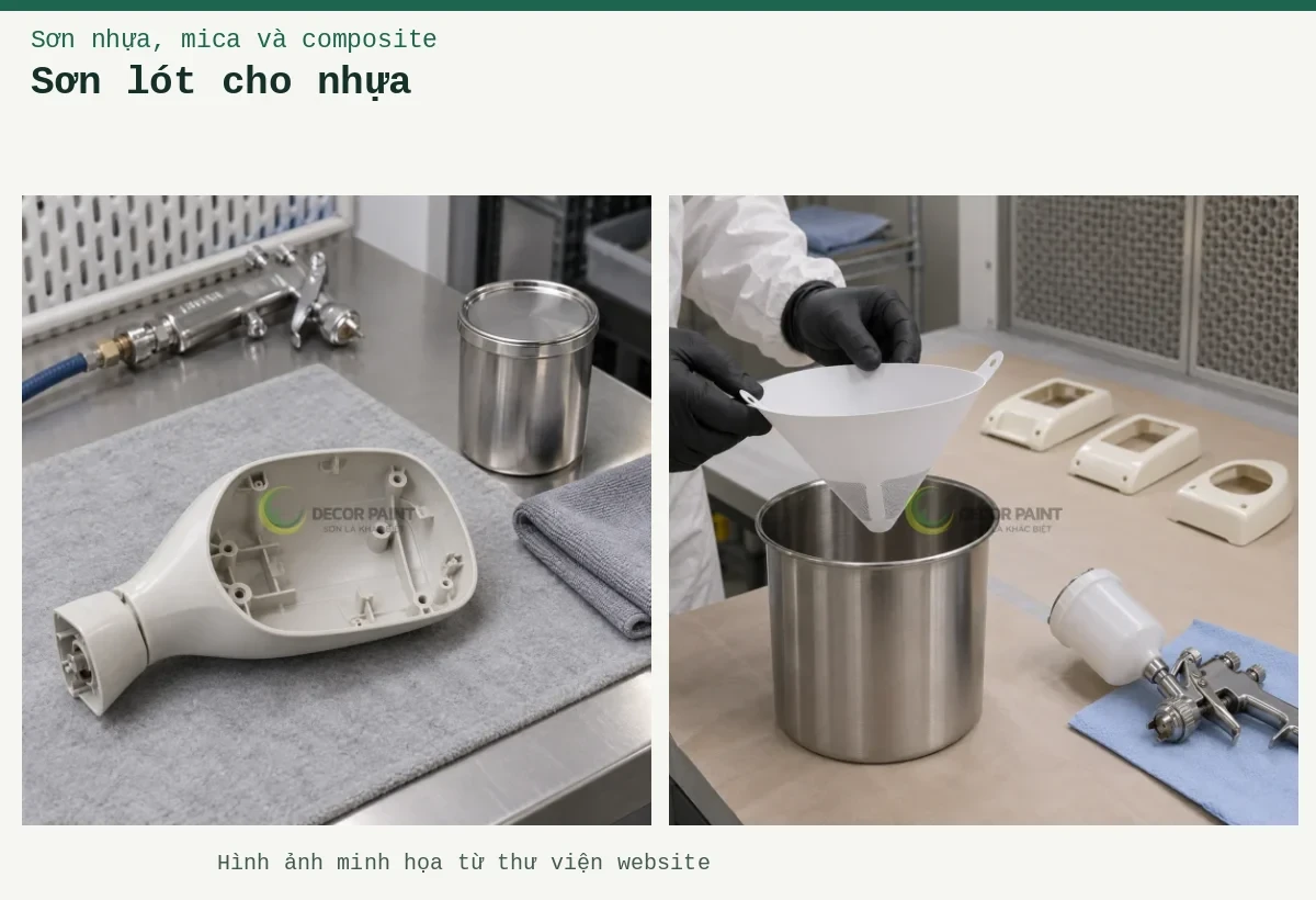 Sơn lót cho nhựa – Ảnh minh họa: Chuẩn bị vỏ gương nhựa; Chuẩn bị lọc sơn nhựa.
