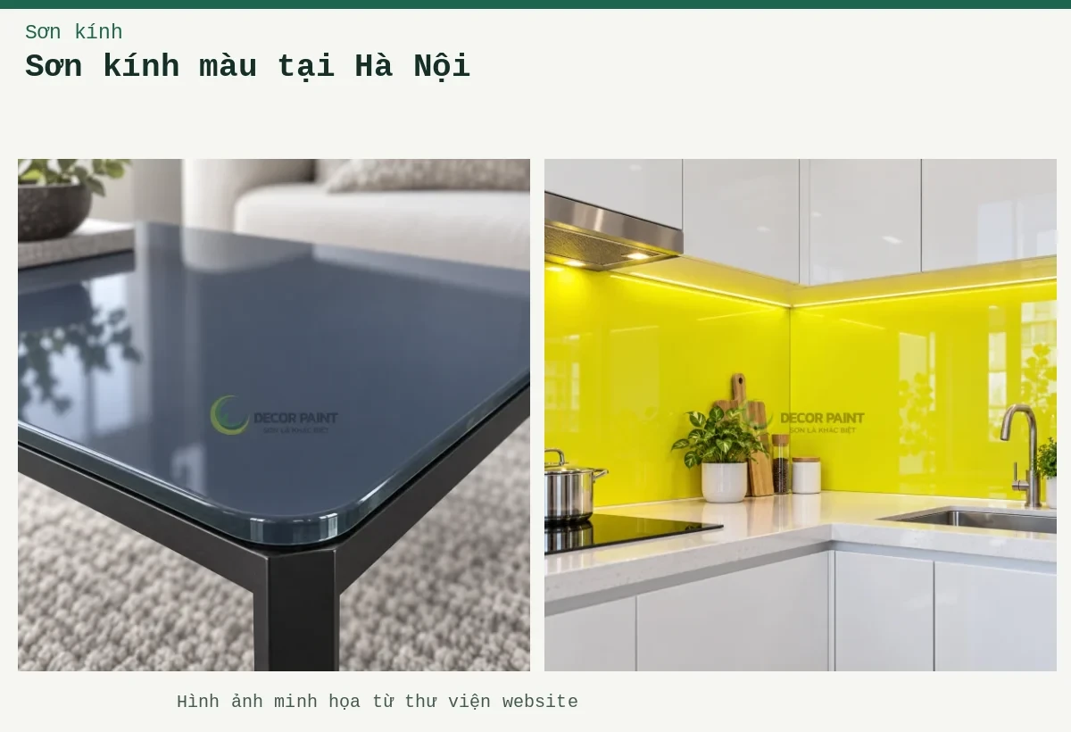 Sơn kính màu tại Hà Nội – Ảnh minh họa: Kính bếp vàng chanh; Mặt bàn kính màu ghi đậm.