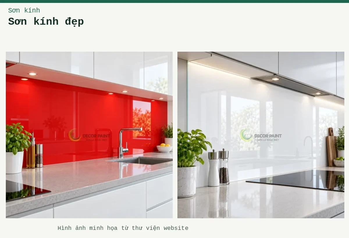 Sơn kính đẹp – Ảnh minh họa: Kính ốp bếp màu đỏ tươi; Kính bếp trắng bóng.