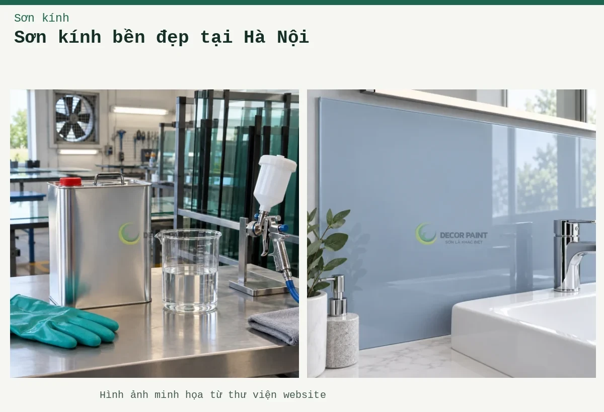Sơn kính bền đẹp tại Hà Nội – Ảnh minh họa: Kính ốp lavabo; Bàn chuẩn bị sơn kính.