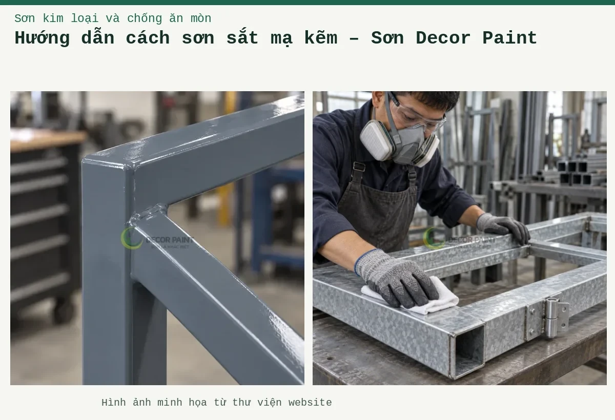 Hướng dẫn cách sơn sắt mạ kẽm – Sơn Decor Paint – Ảnh minh họa: Mối nối khung cửa sắt mạ kẽm hoàn thiện lớp sơn ghi nhạt; Lau sạch bề mặt khung thép mạ kẽm trước khi sơn, chú ý các cạnh thép và vị trí liên kết.