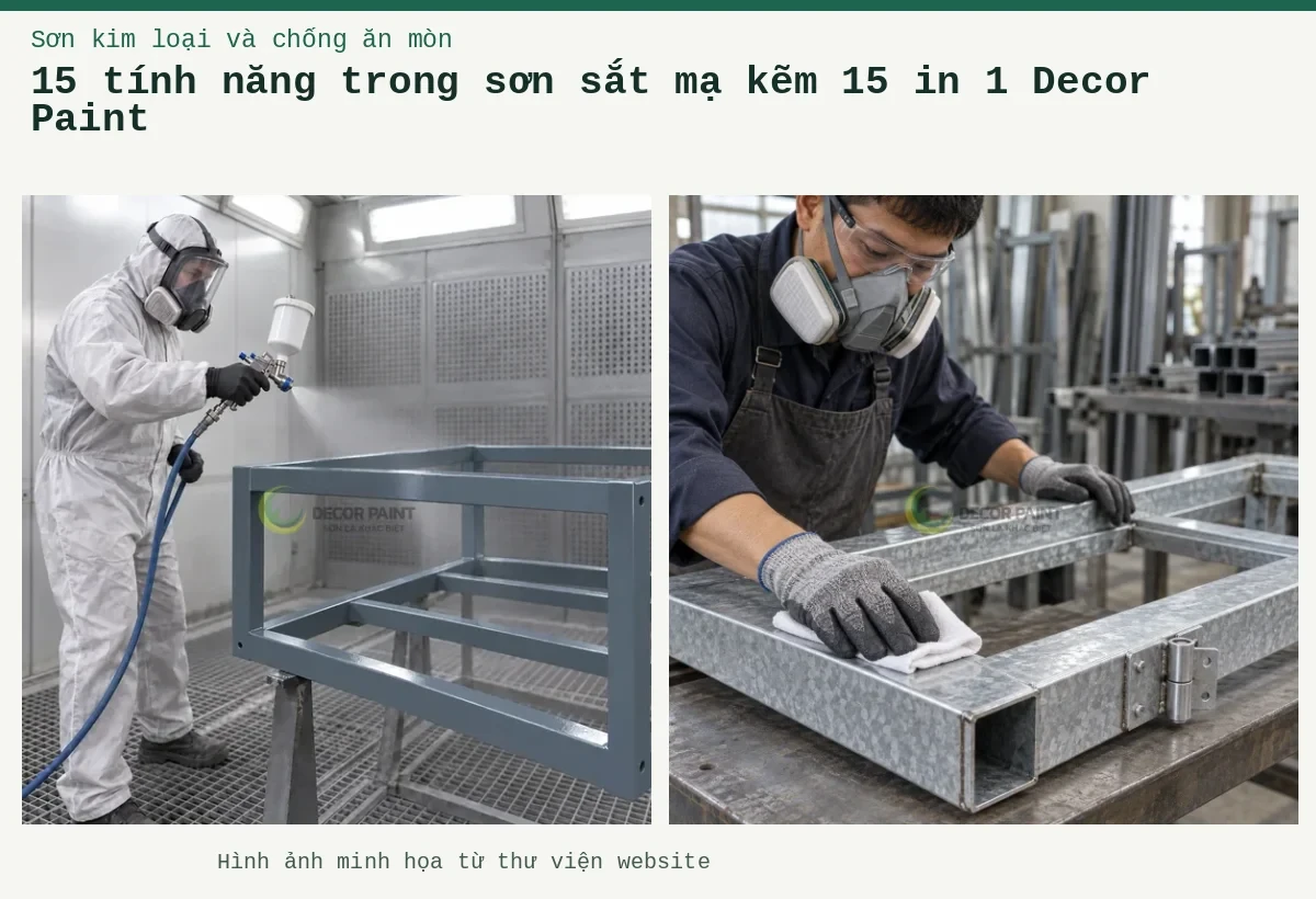 15 tính năng trong sơn sắt mạ kẽm 15 in 1 Decor Paint – Ảnh minh họa: Minh họa phun sơn ghi nhạt trên khung sắt mạ kẽm trong buồng phun; Lau sạch bề mặt khung thép mạ kẽm trước khi sơn, chú ý các cạnh thép và vị trí liên kết.