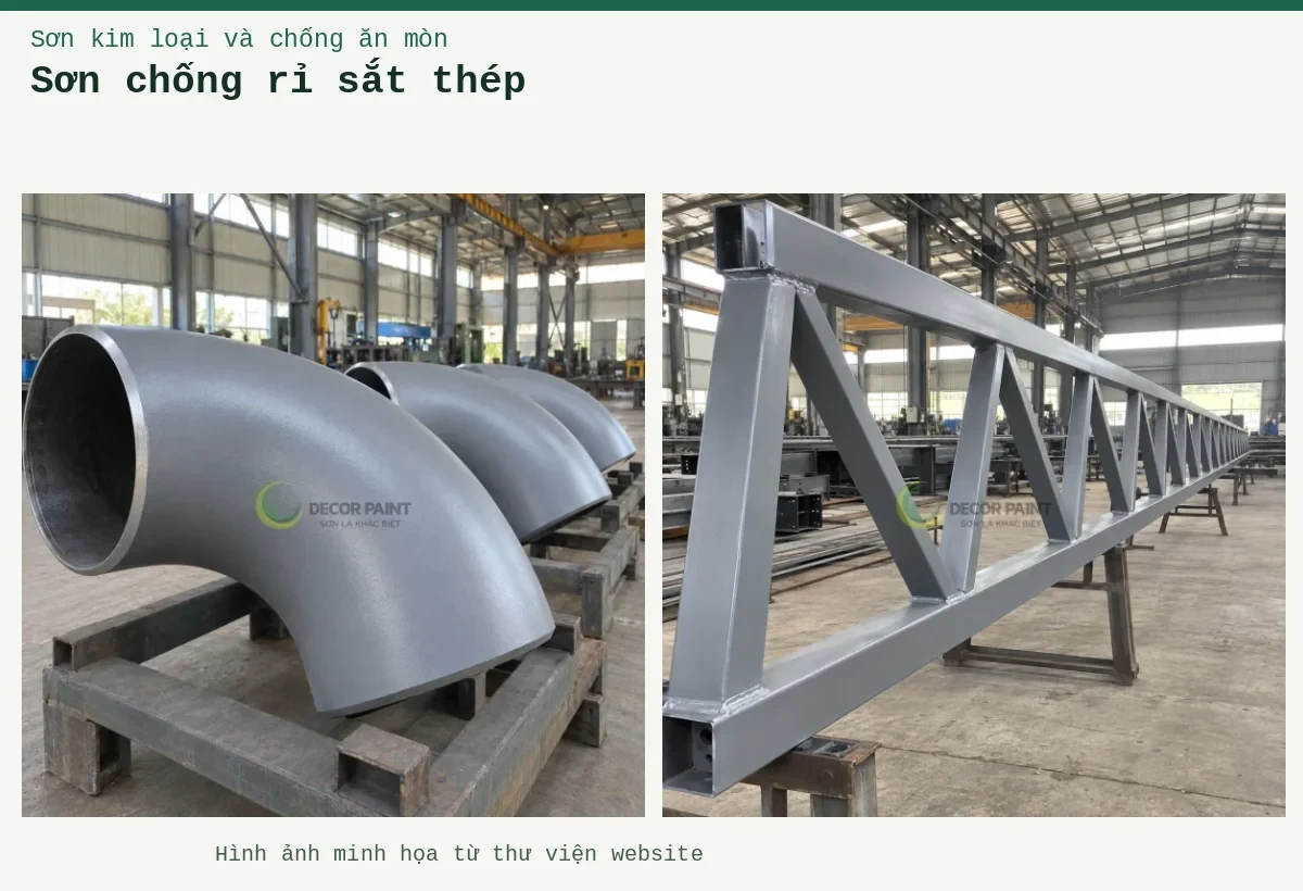 Sơn chống rỉ sắt thép – Ảnh minh họa: Các co ống thép phủ sơn chống rỉ màu xám đặt trên giá tại xưởng; Giàn thép phủ sơn chống rỉ màu xám trong xưởng gia công có mái che.