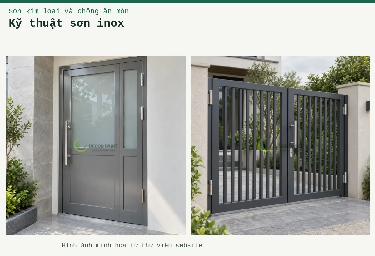 Kỹ thuật sơn inox – Ảnh minh họa: Cổng inox hai cánh phủ màu xám than; Cửa khung inox phủ màu xám với ô kính mờ.