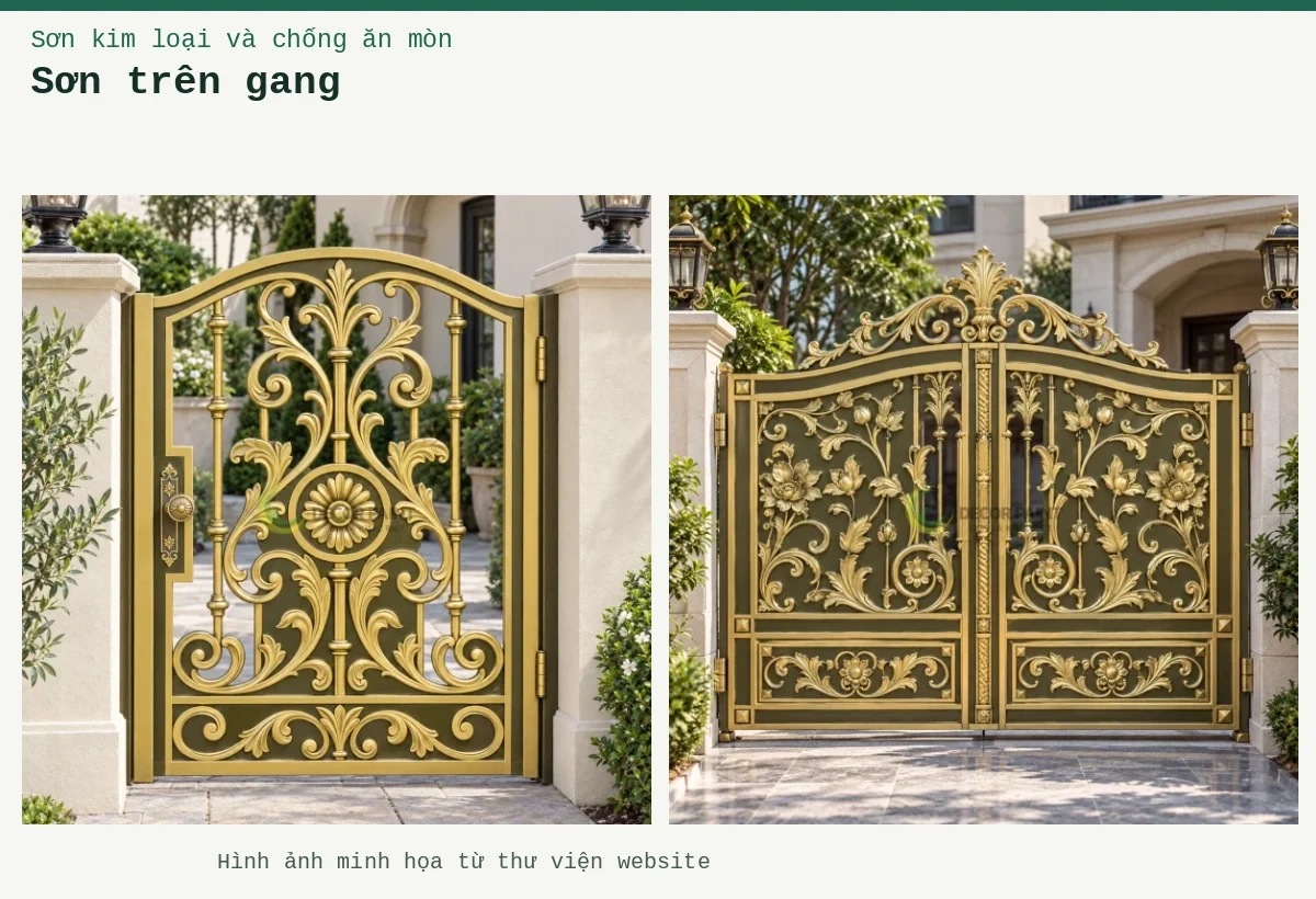Sơn trên gang – Ảnh minh họa: Cổng gang đúc hoa văn; Cửa đi bộ gang đúc.
