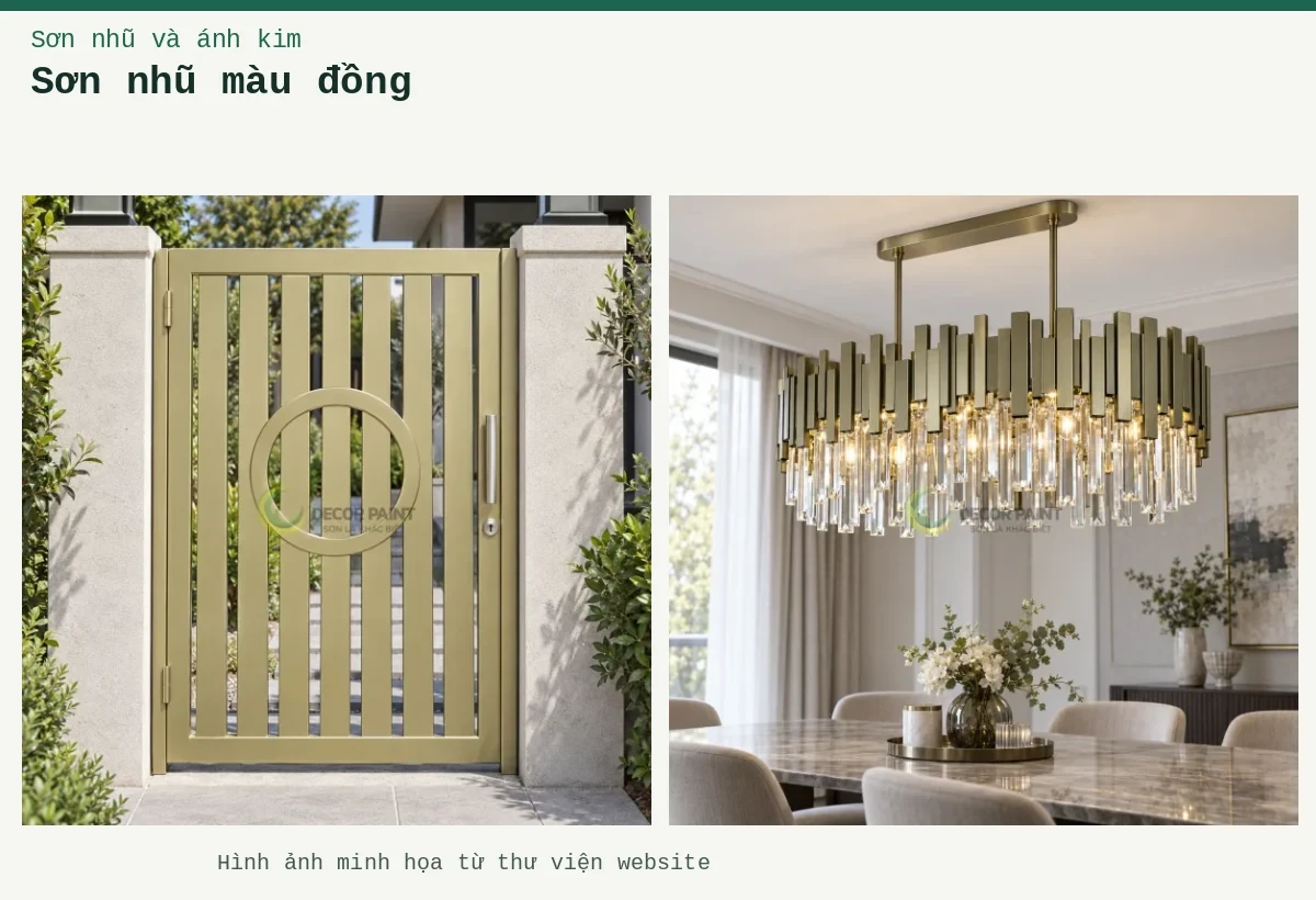 Sơn nhũ màu đồng – Ảnh minh họa: Cổng nan dọc nhũ đồng xanh; Đèn chùm oval nhũ đồng vàng.