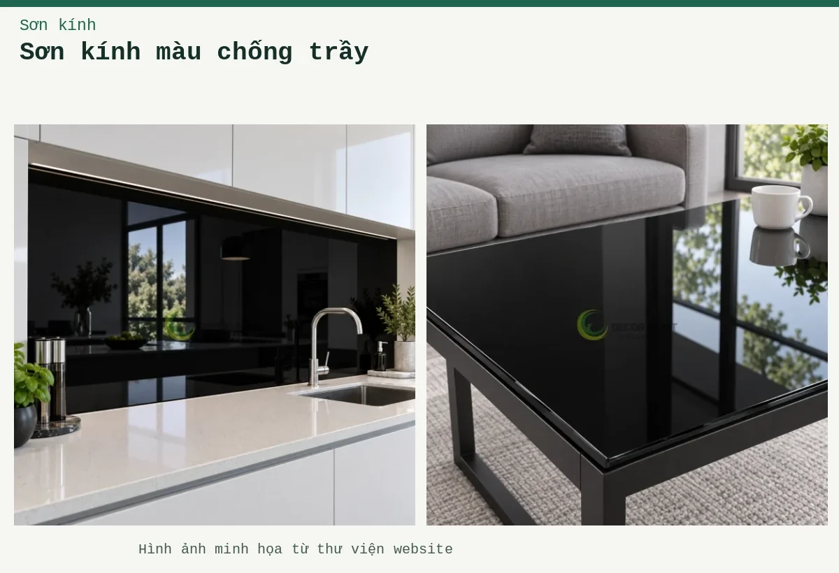 Sơn kính màu chống trầy – Ảnh minh họa: Kính ốp bếp đen; Mặt bàn kính đen.