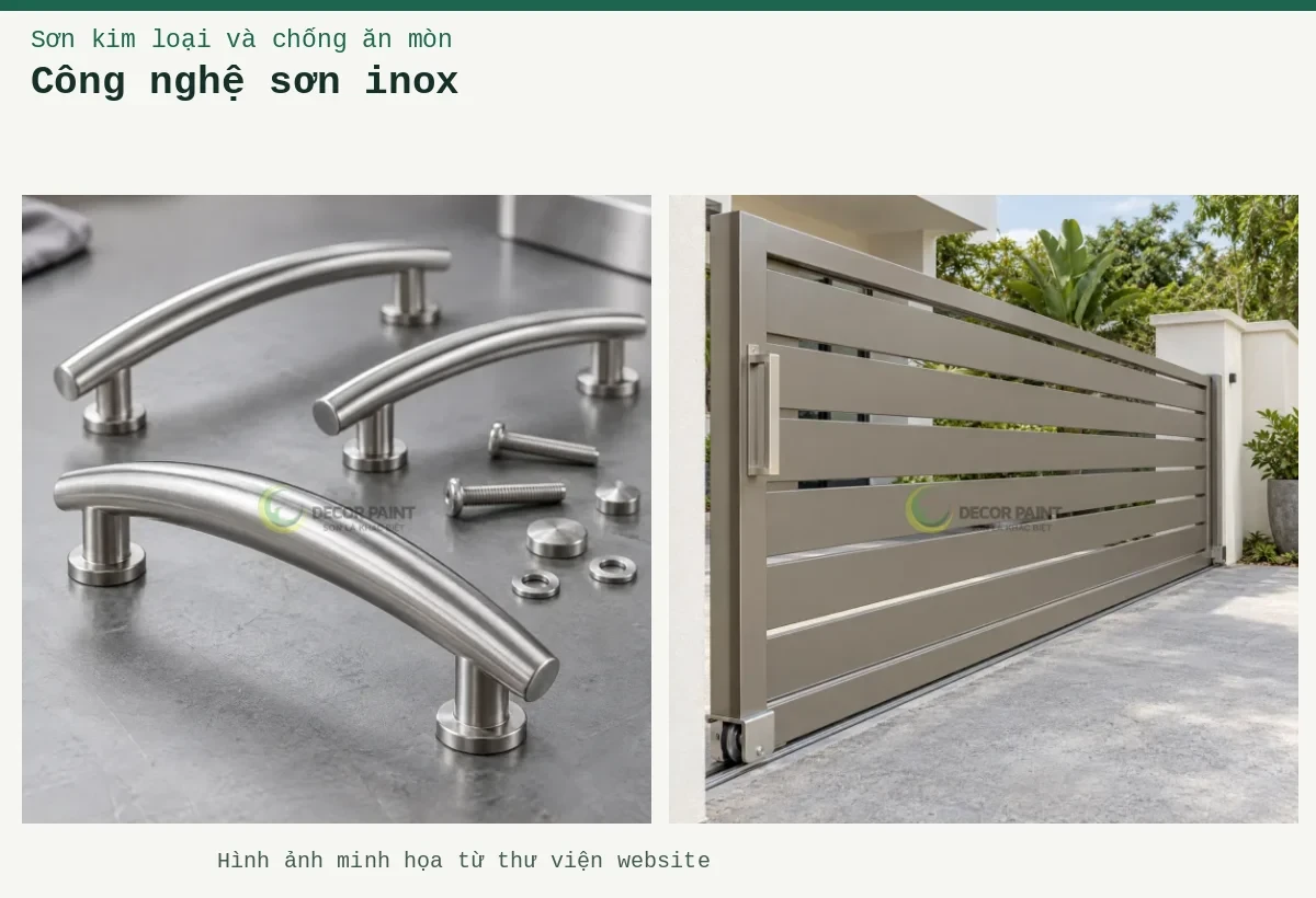 Công nghệ sơn inox – Ảnh minh họa: Minh họa tay nắm cong và phụ kiện inox với bề mặt bạc xước; Cổng inox trượt với lớp sơn màu xám ấm.