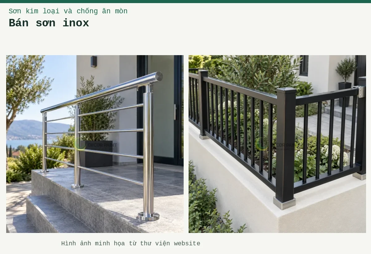 Bán sơn inox – Ảnh minh họa: Hàng rào inox phủ màu đen tại góc sân vườn; Lan can inox hoàn thiện trong suốt, giữ sắc kim loại và độ phản sáng của bề mặt.