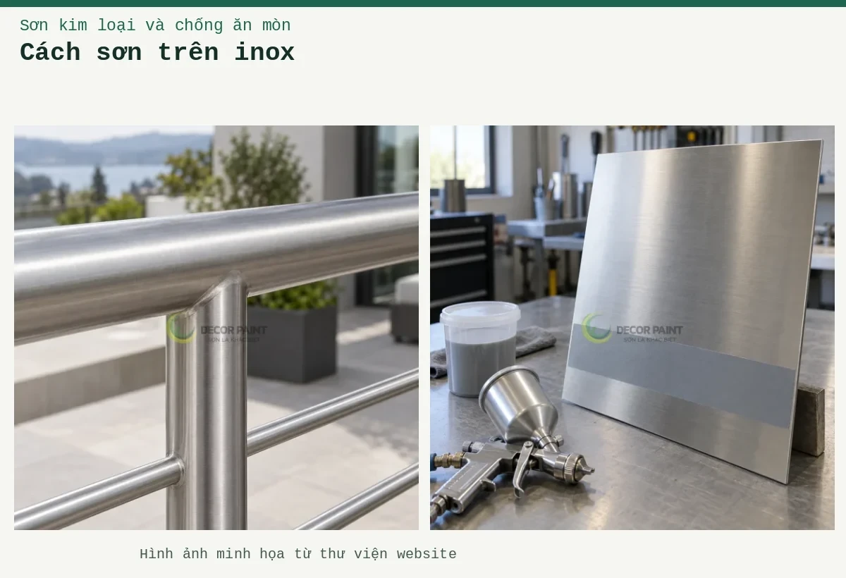 Cách sơn trên inox – Ảnh minh họa: Lan can inox vân xước phủ trong; Tấm inox xước với dải phủ thử màu xám, cốc pha và súng phun trên bàn chuẩn bị.
