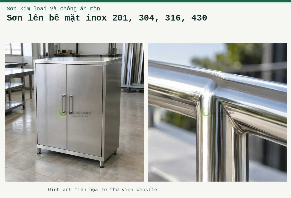 Sơn lên bề mặt inox 201, 304, 316, 430 – Ảnh minh họa: Minh họa tủ inox hai cánh đóng kín với bề mặt xước bạc; Cận cảnh góc nối lan can inox để quan sát bề mặt trước khi chọn lớp phủ bảo vệ.