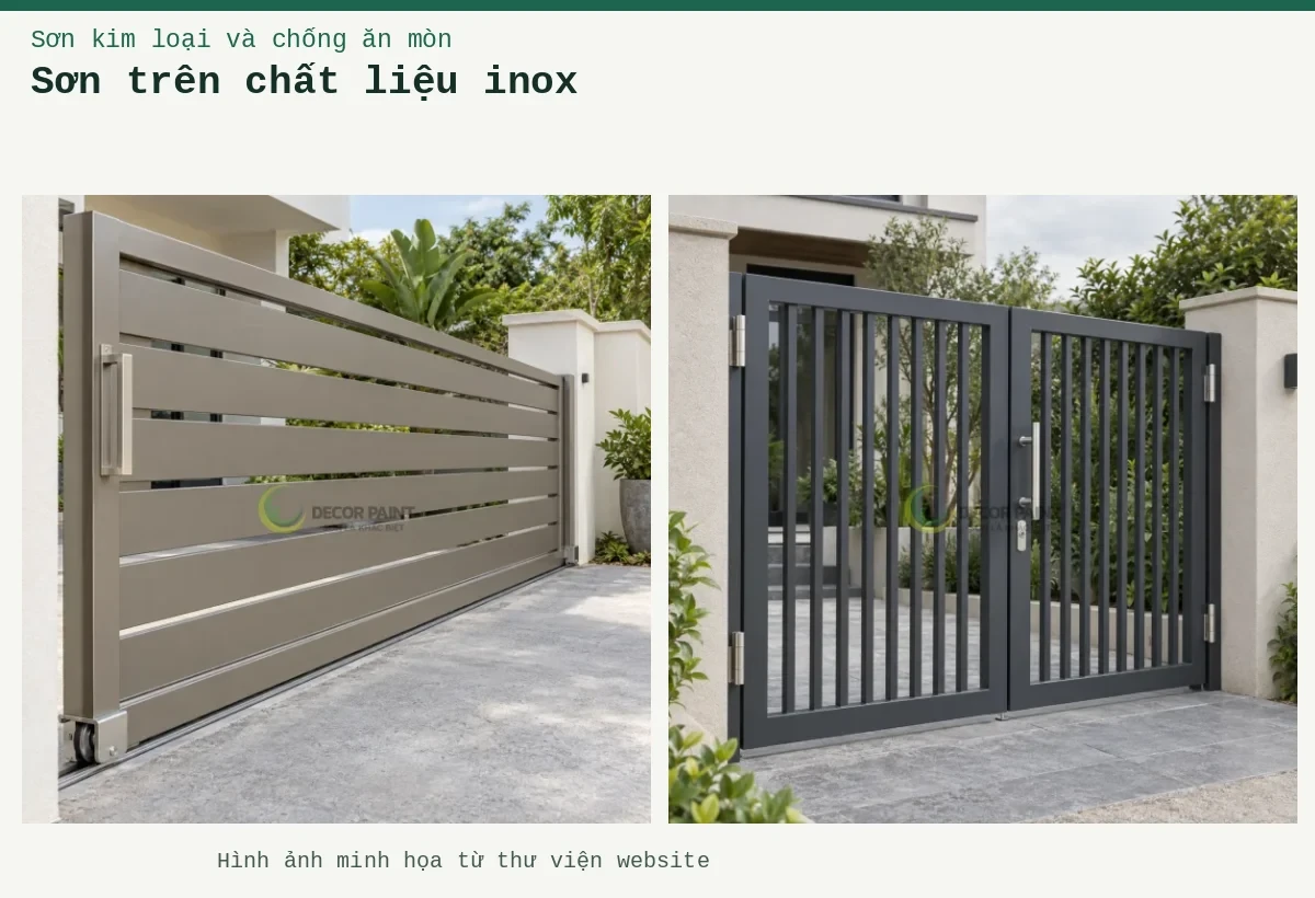 Sơn trên chất liệu inox – Ảnh minh họa: Cổng inox hai cánh phủ màu xám than; Cổng inox trượt với lớp sơn màu xám ấm.