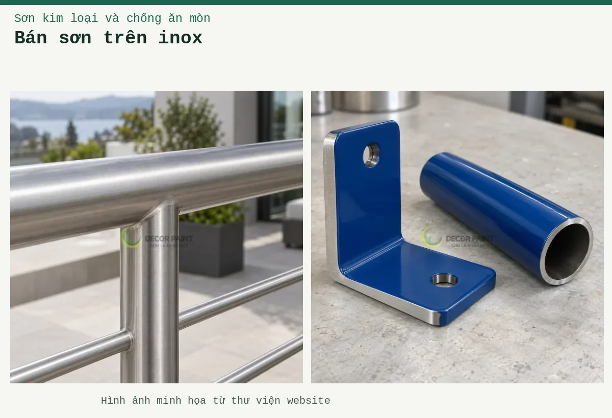 Bán sơn trên inox – Ảnh minh họa: Lan can inox vân xước phủ trong; Minh họa giá đỡ và ống inox phủ màu xanh, với mép kim loại để đối chiếu.