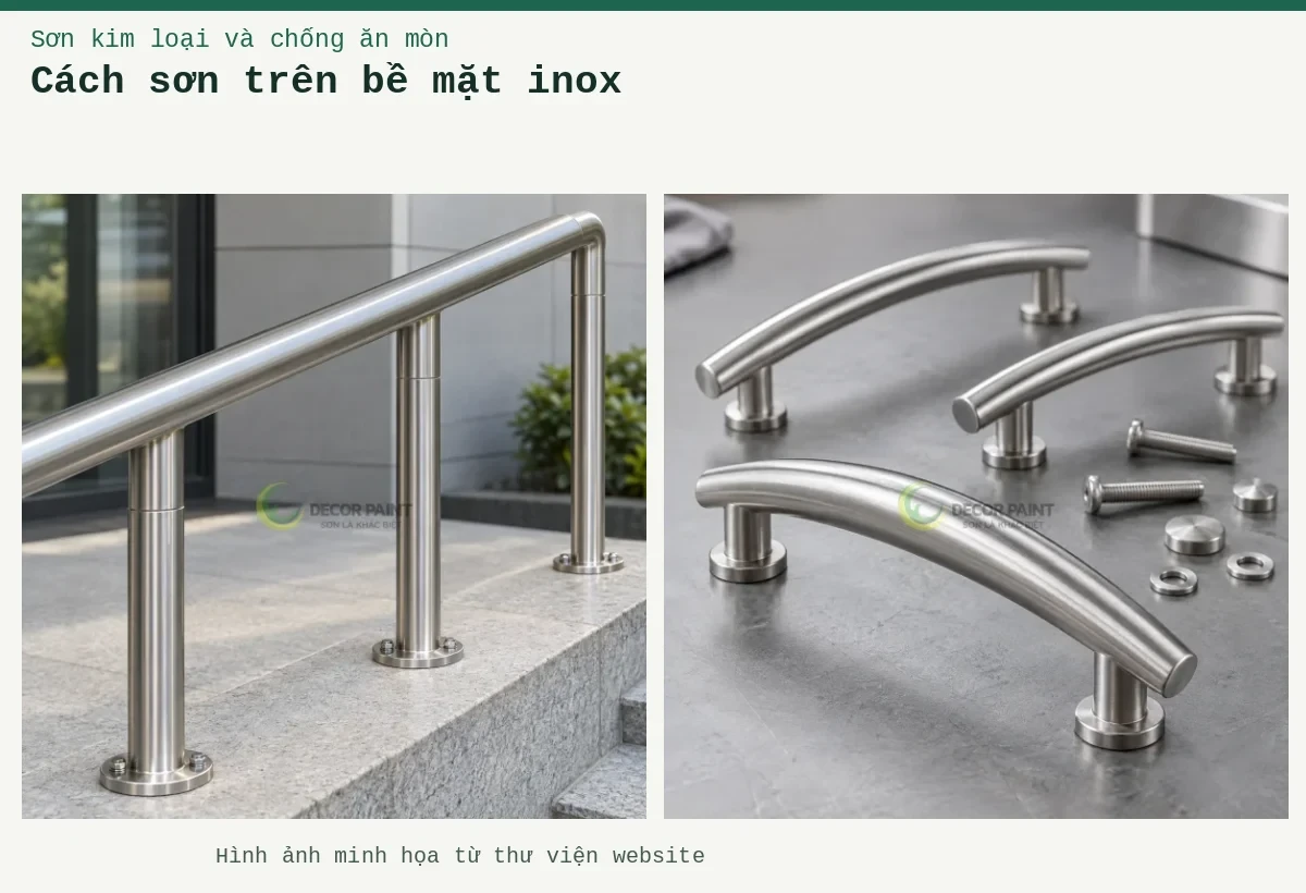 Cách sơn trên bề mặt inox – Ảnh minh họa: Minh họa tay nắm cong và phụ kiện inox với bề mặt bạc xước; Minh họa tay vịn và chân trụ inox với bề mặt xước bạc hoàn thiện.