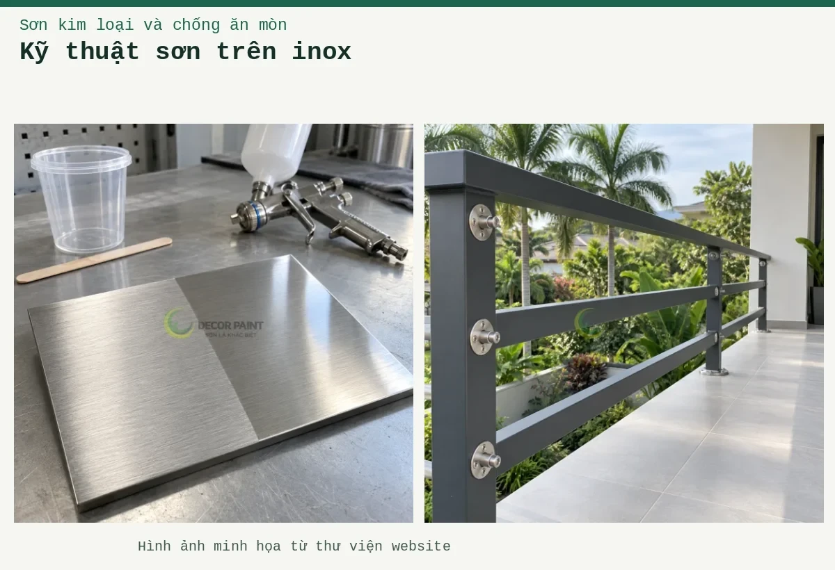 Kỹ thuật sơn trên inox – Ảnh minh họa: Minh họa mẫu inox xước trước và sau khi phủ trong, cùng dụng cụ chuẩn bị sơn; Lan can inox thanh ngang phủ màu xám.