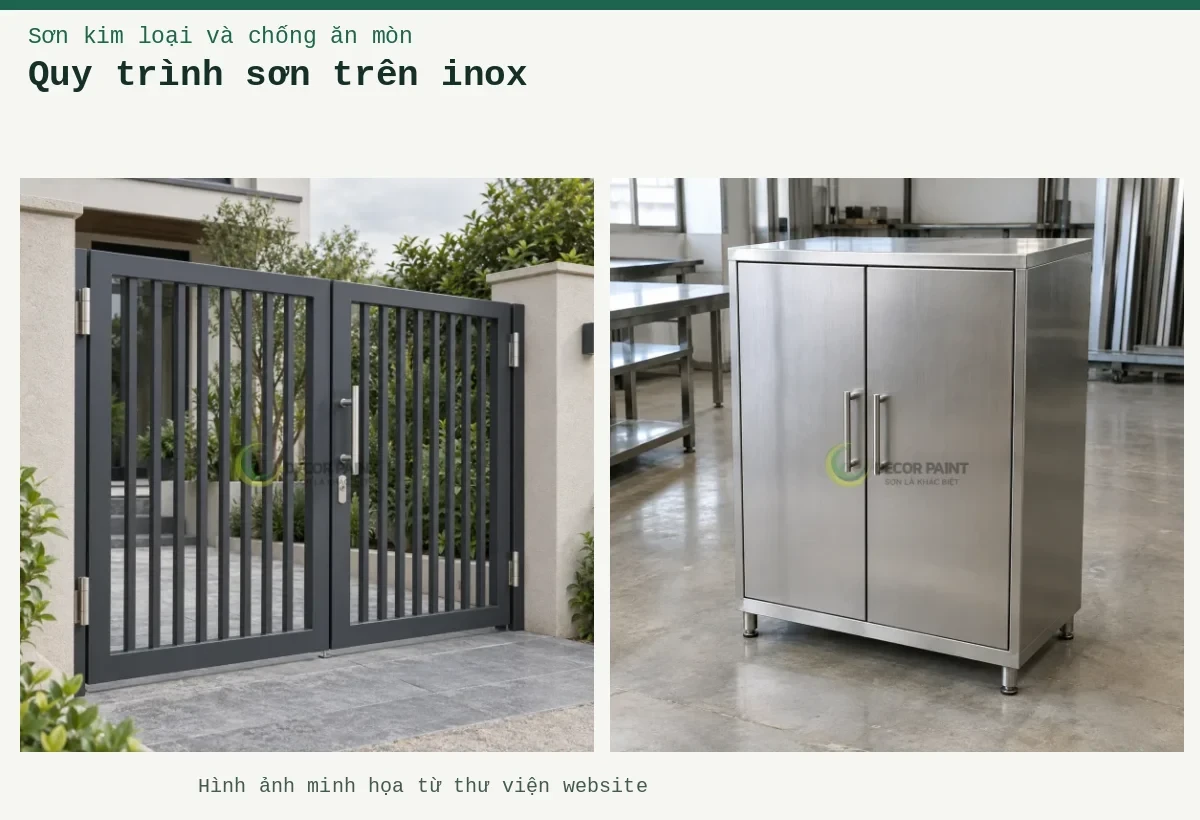 Quy trình sơn trên inox – Ảnh minh họa: Minh họa tủ inox hai cánh đóng kín với bề mặt xước bạc; Cổng inox hai cánh phủ màu xám than.
