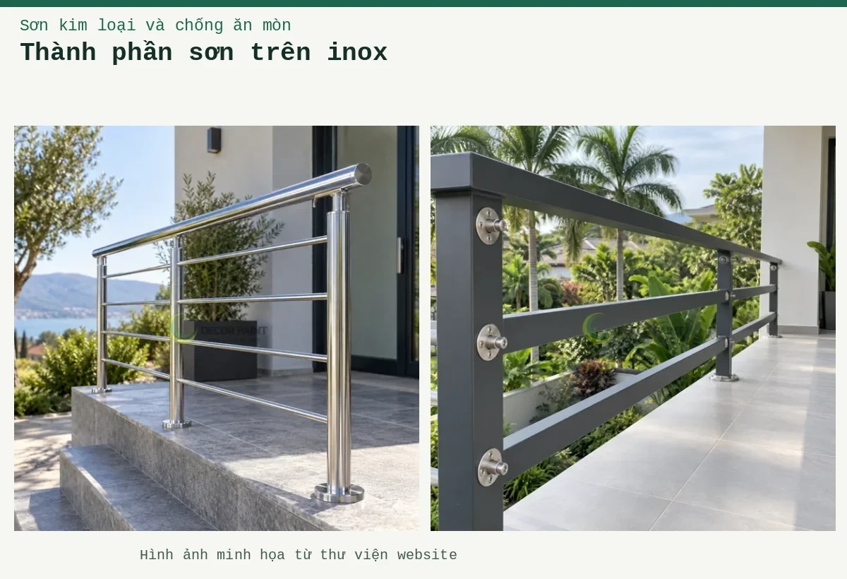 Thành phần sơn trên inox – Ảnh minh họa: Lan can inox hoàn thiện trong suốt, giữ sắc kim loại và độ phản sáng của bề mặt; Lan can inox thanh ngang phủ màu xám.