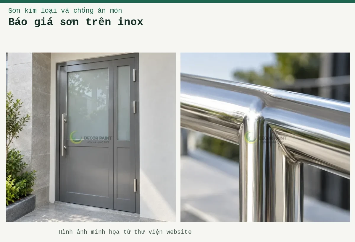 Báo giá sơn trên inox – Ảnh minh họa: Cận cảnh góc nối lan can inox để quan sát bề mặt trước khi chọn lớp phủ bảo vệ; Cửa khung inox phủ màu xám với ô kính mờ.