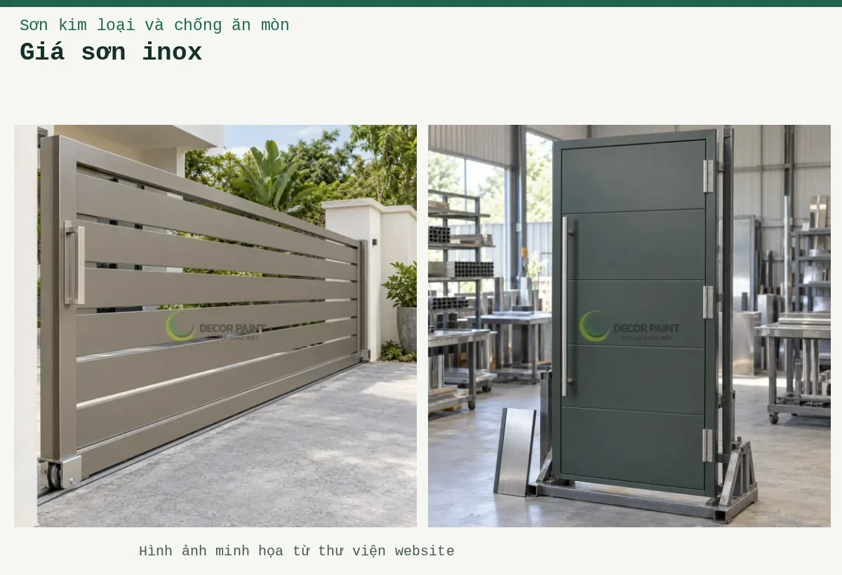 Giá sơn inox – Ảnh minh họa: Cổng inox trượt với lớp sơn màu xám ấm; Cửa inox phủ màu xám xanh trên giá gia công.