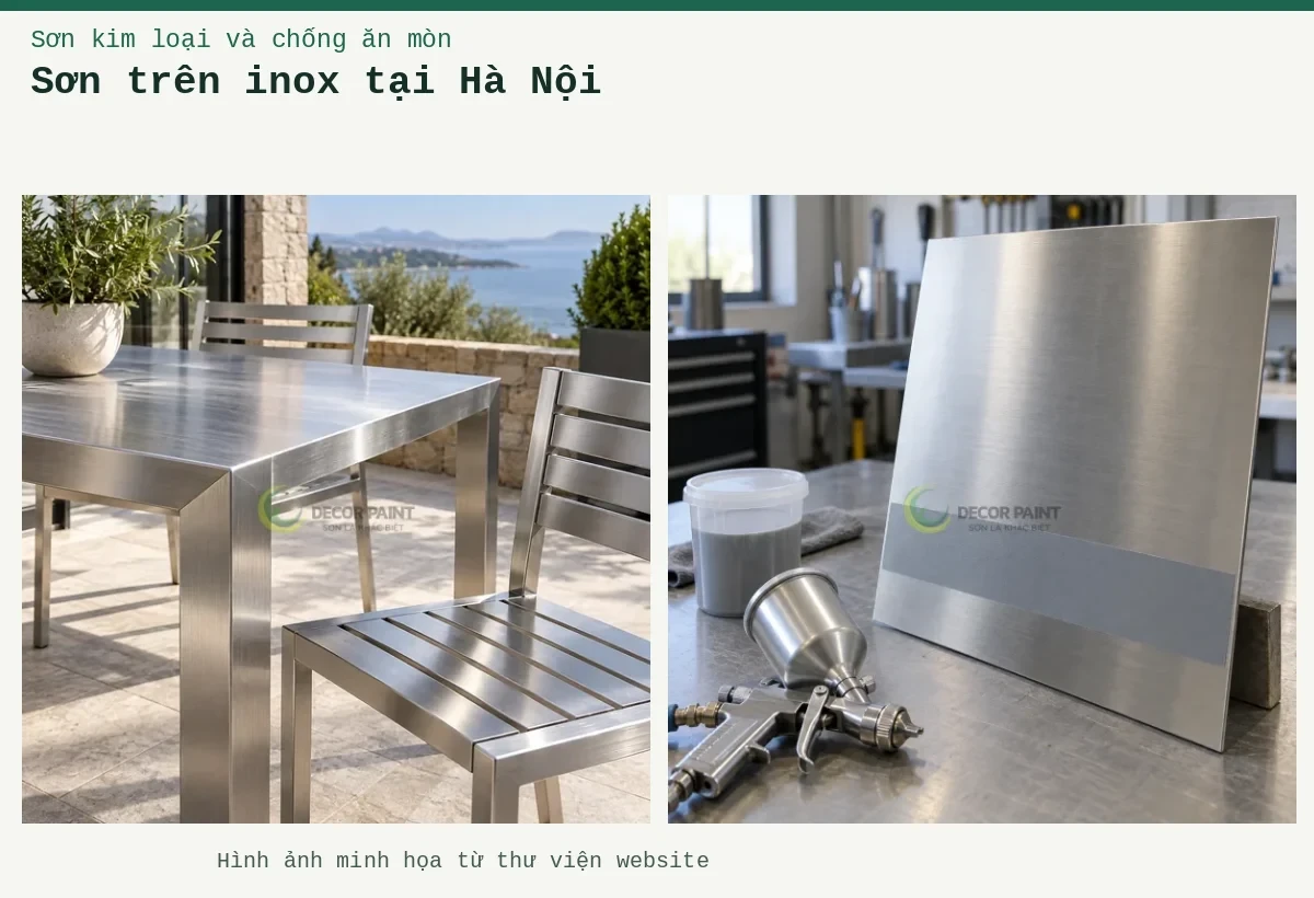 Sơn trên inox tại Hà Nội – Ảnh minh họa: Tấm inox xước với dải phủ thử màu xám, cốc pha và súng phun trên bàn chuẩn bị; Bàn ghế inox ngoài hiên, minh họa nhóm bề mặt cần lớp phủ bảo vệ trong suốt.