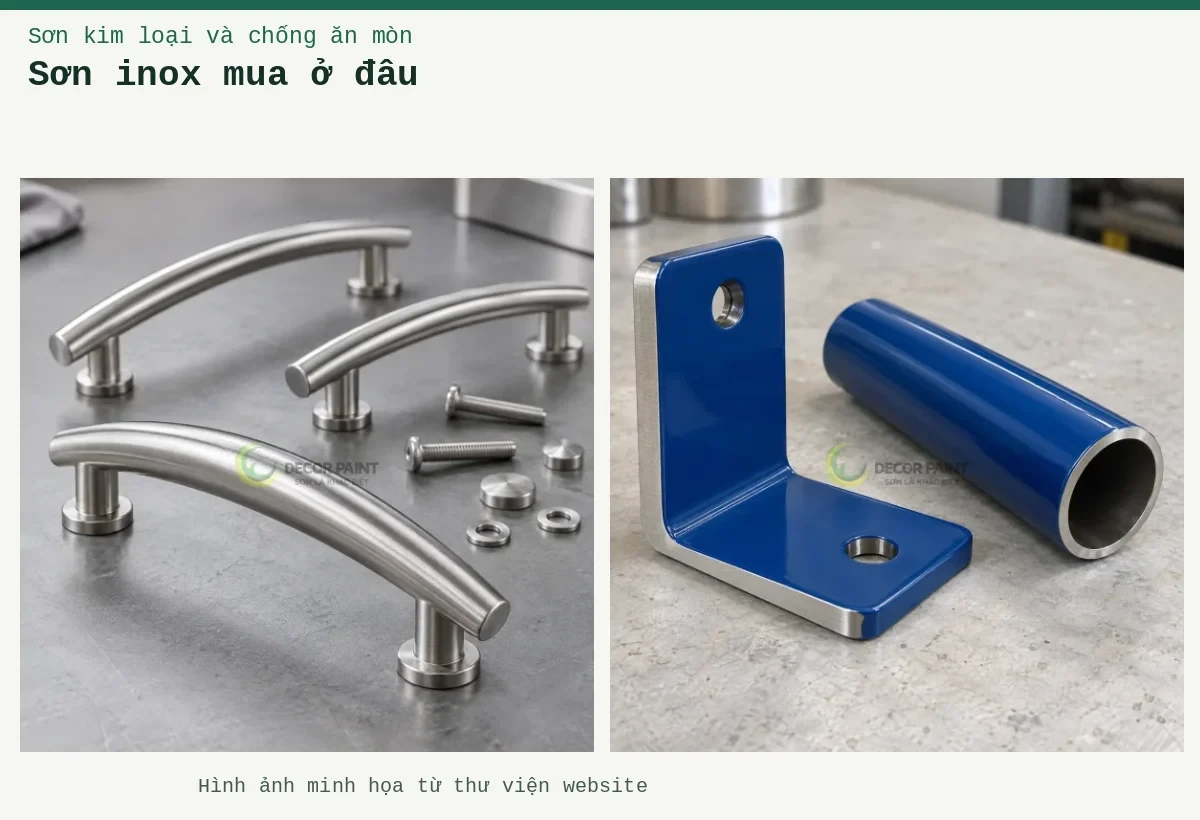 Sơn inox mua ở đâu – Ảnh minh họa: Minh họa tay nắm cong và phụ kiện inox với bề mặt bạc xước; Minh họa giá đỡ và ống inox phủ màu xanh, với mép kim loại để đối chiếu.