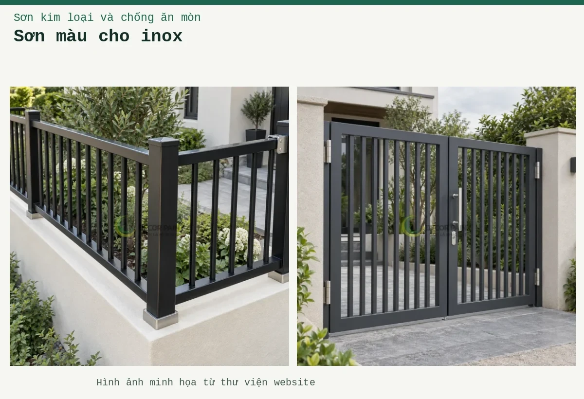 Sơn màu cho inox – Ảnh minh họa: Cổng inox hai cánh phủ màu xám than; Hàng rào inox phủ màu đen tại góc sân vườn.
