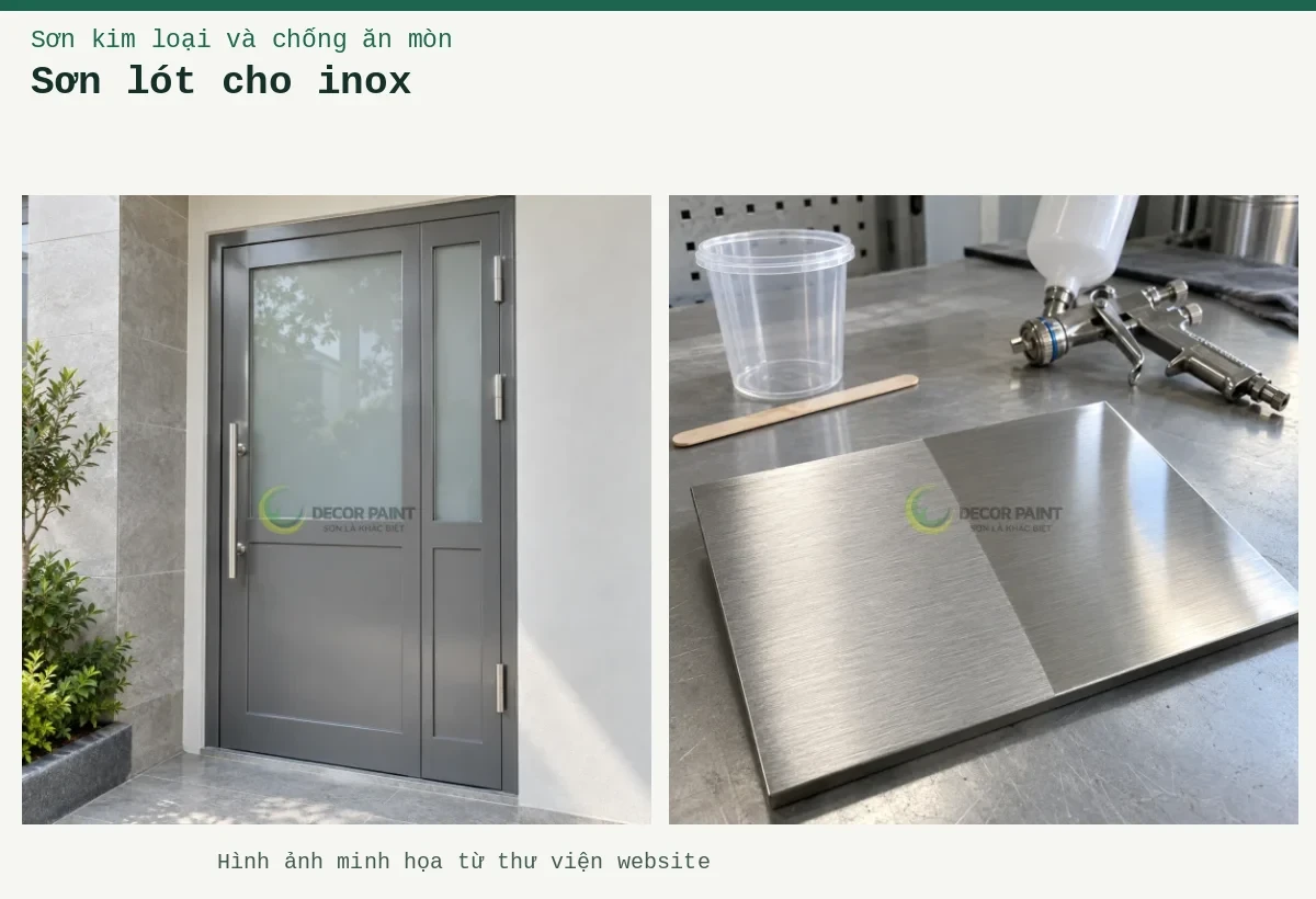 Sơn lót cho inox – Ảnh minh họa: Cửa khung inox phủ màu xám với ô kính mờ; Minh họa mẫu inox xước trước và sau khi phủ trong, cùng dụng cụ chuẩn bị sơn.