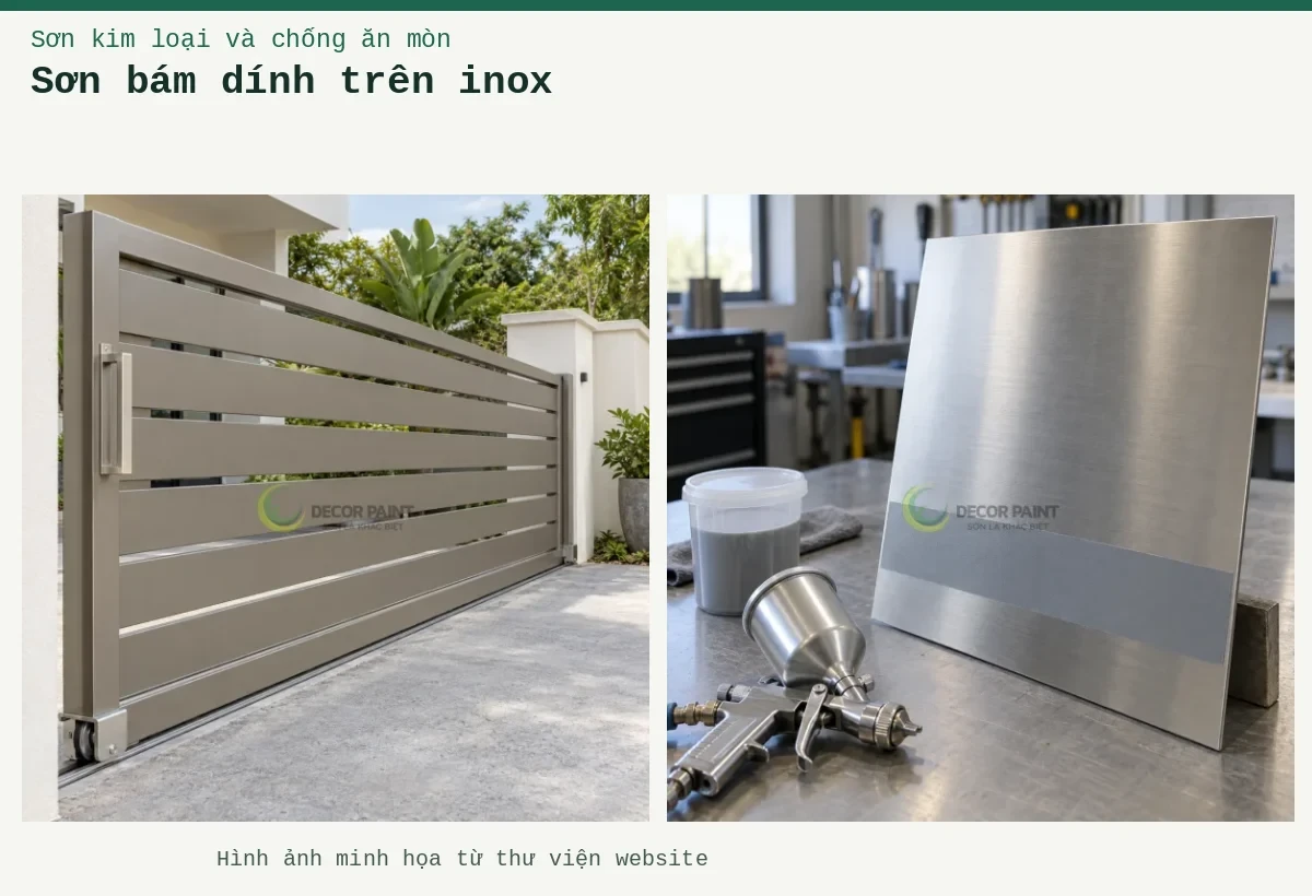 Sơn bám dính trên inox – Ảnh minh họa: Cổng inox trượt với lớp sơn màu xám ấm; Tấm inox xước với dải phủ thử màu xám, cốc pha và súng phun trên bàn chuẩn bị.