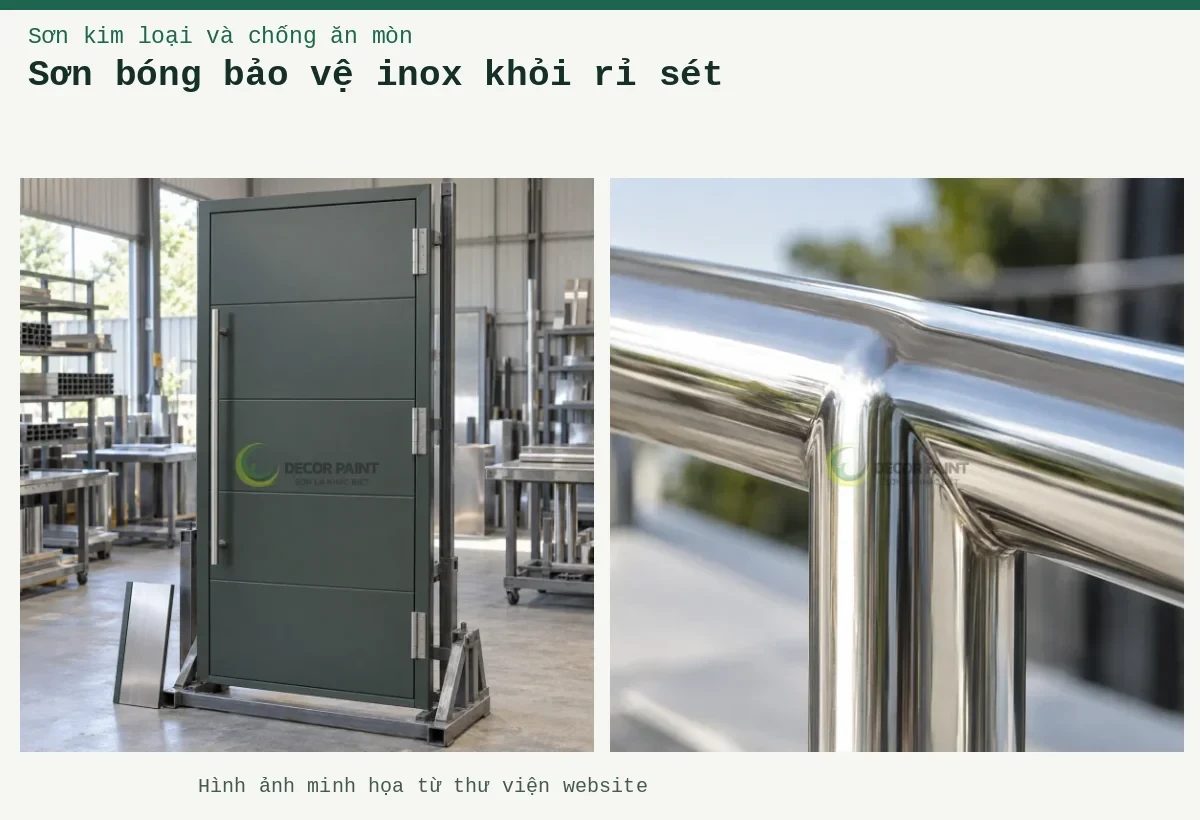 Sơn bóng bảo vệ inox khỏi rỉ sét – Ảnh minh họa: Cận cảnh góc nối lan can inox để quan sát bề mặt trước khi chọn lớp phủ bảo vệ; Cửa inox phủ màu xám xanh trên giá gia công.