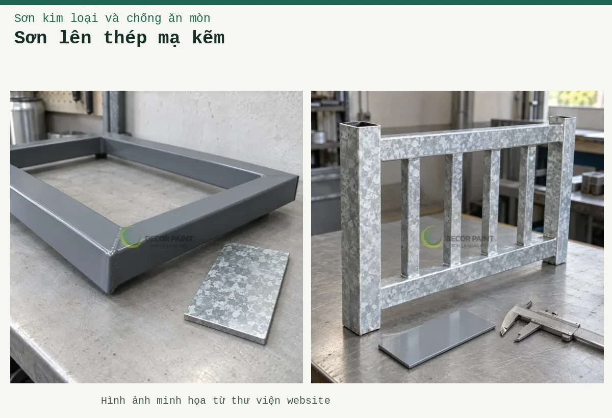 Sơn lên thép mạ kẽm – Ảnh minh họa: Mẫu hàng rào thép mạ kẽm, tấm màu xám và thước cặp trên bàn; Khung thép hộp phủ màu xám bên tấm mẫu bề mặt mạ kẽm.
