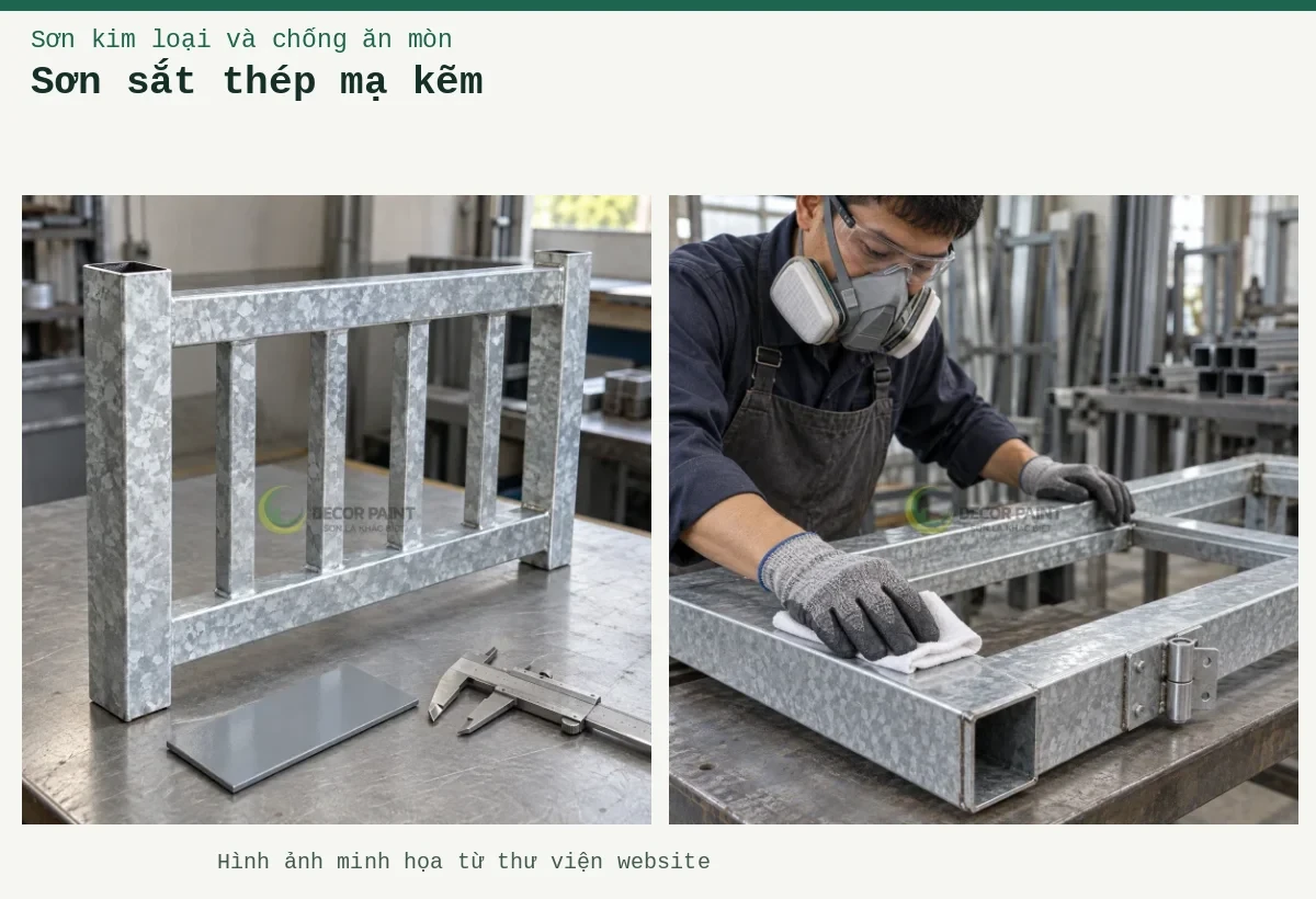 Sơn sắt thép mạ kẽm – Ảnh minh họa: Mẫu hàng rào thép mạ kẽm, tấm màu xám và thước cặp trên bàn; Lau sạch bề mặt khung thép mạ kẽm trước khi sơn, chú ý các cạnh thép và vị trí liên kết.