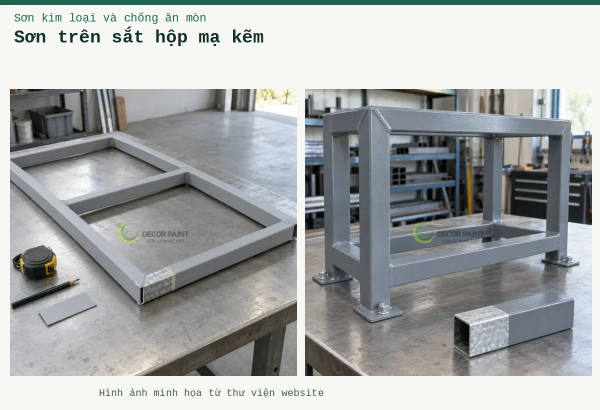 Sơn trên sắt hộp mạ kẽm – Ảnh minh họa: Khung sắt mạ kẽm phủ màu ghi và mẫu ống hộp để đối chiếu bề mặt; Minh họa khung thép mạ kẽm phủ sơn chống rỉ và phần mẫu bề mặt kẽm.