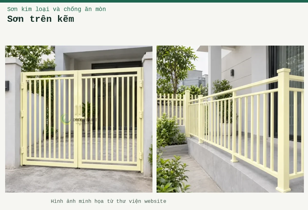 Sơn trên kẽm – Ảnh minh họa: Sơn kim loại kem nhạt – cửa cổng kim loại; Sơn kim loại kem nhạt – lan can hoặc hàng rào.