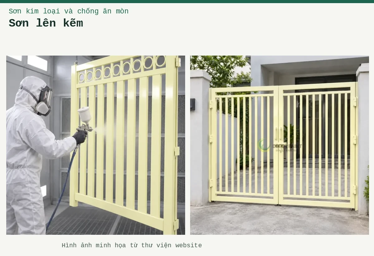 Sơn lên kẽm – Ảnh minh họa: Sơn kim loại kem nhạt – cửa cổng kim loại; Sơn kim loại kem nhạt – thi công bằng súng phun trong buồng phun.