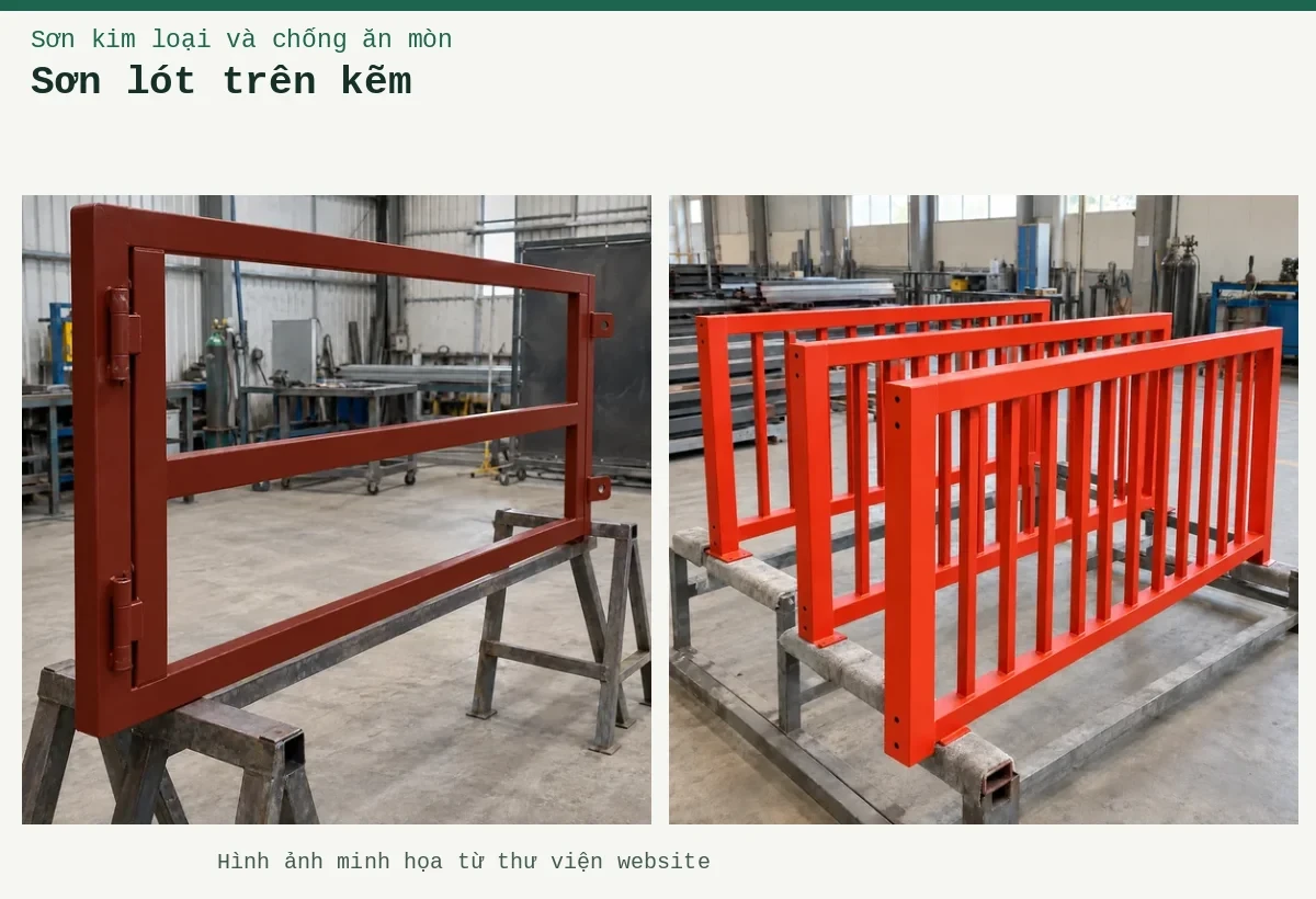 Sơn lót trên kẽm – Ảnh minh họa: Sơn lót kim loại đỏ oxit – khung cổng được phủ lớp lót tại xưởng; Sơn lót kim loại đỏ oxit – cấu kiện lan can được sơn lót.