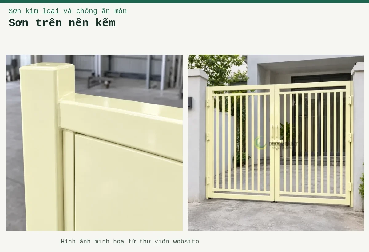 Sơn trên nền kẽm – Ảnh minh họa: Sơn kim loại kem nhạt – cửa cổng kim loại; Sơn kim loại kem nhạt – cận cảnh lớp sơn và mối nối.