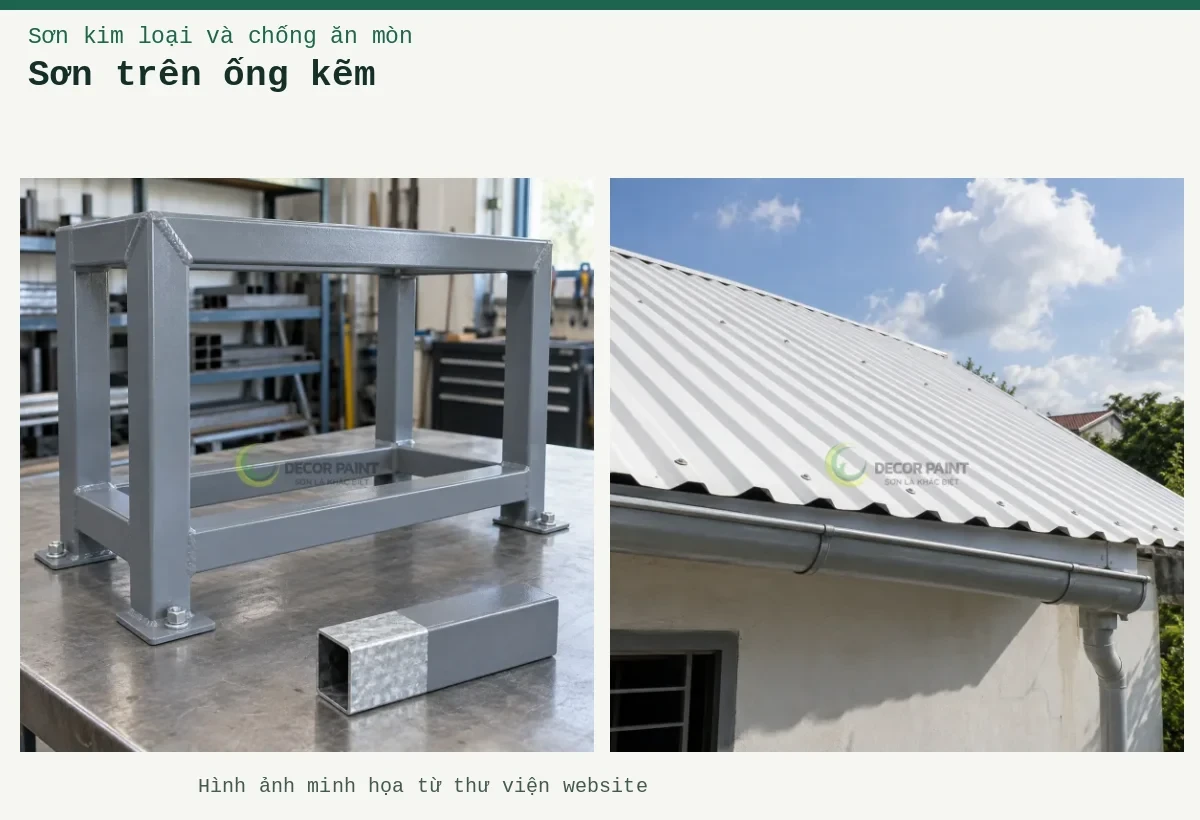 Sơn trên ống kẽm – Ảnh minh họa: Khung sắt mạ kẽm phủ màu ghi và mẫu ống hộp để đối chiếu bề mặt; Mái tôn nhà ở màu trắng với máng xối và ống thoát nước.