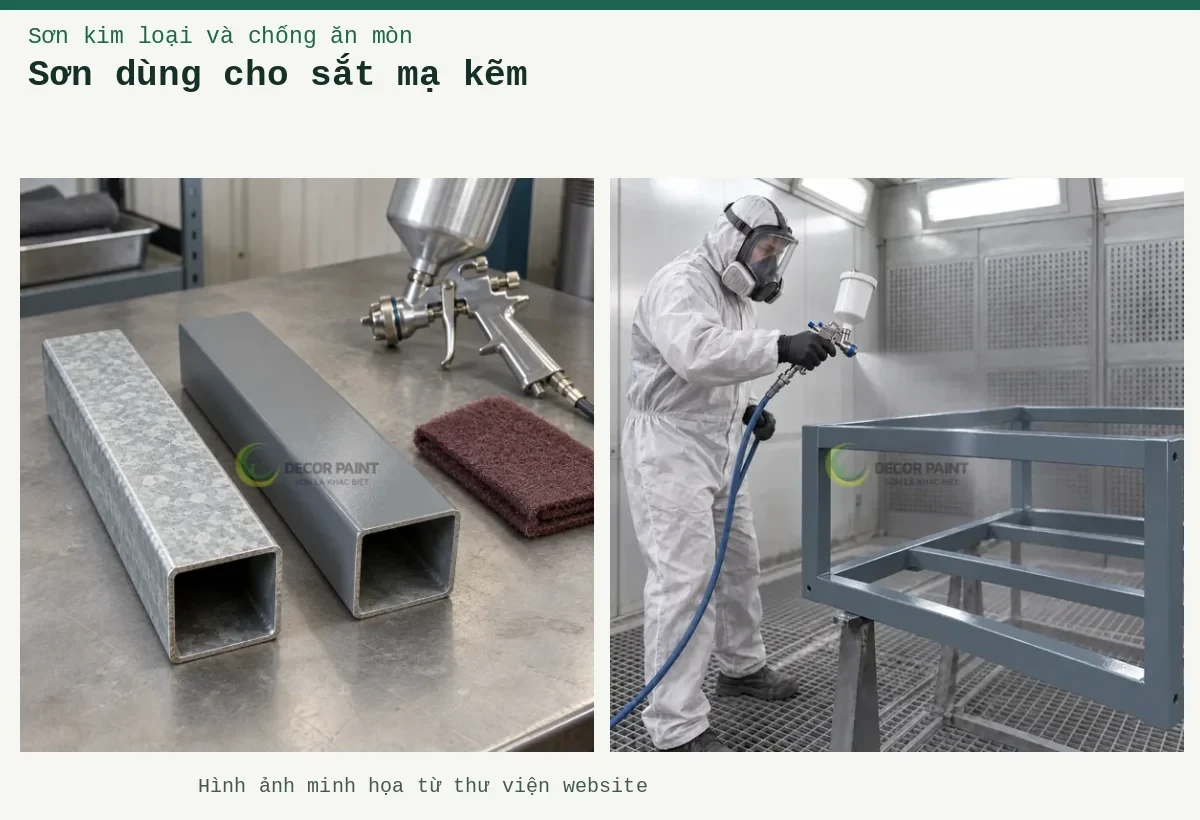 Sơn dùng cho sắt mạ kẽm – Ảnh minh họa: Minh họa phun sơn ghi nhạt trên khung sắt mạ kẽm trong buồng phun; Mẫu ống thép hộp mạ kẽm và mẫu đã phủ màu xám trên bàn chuẩn bị bề mặt.
