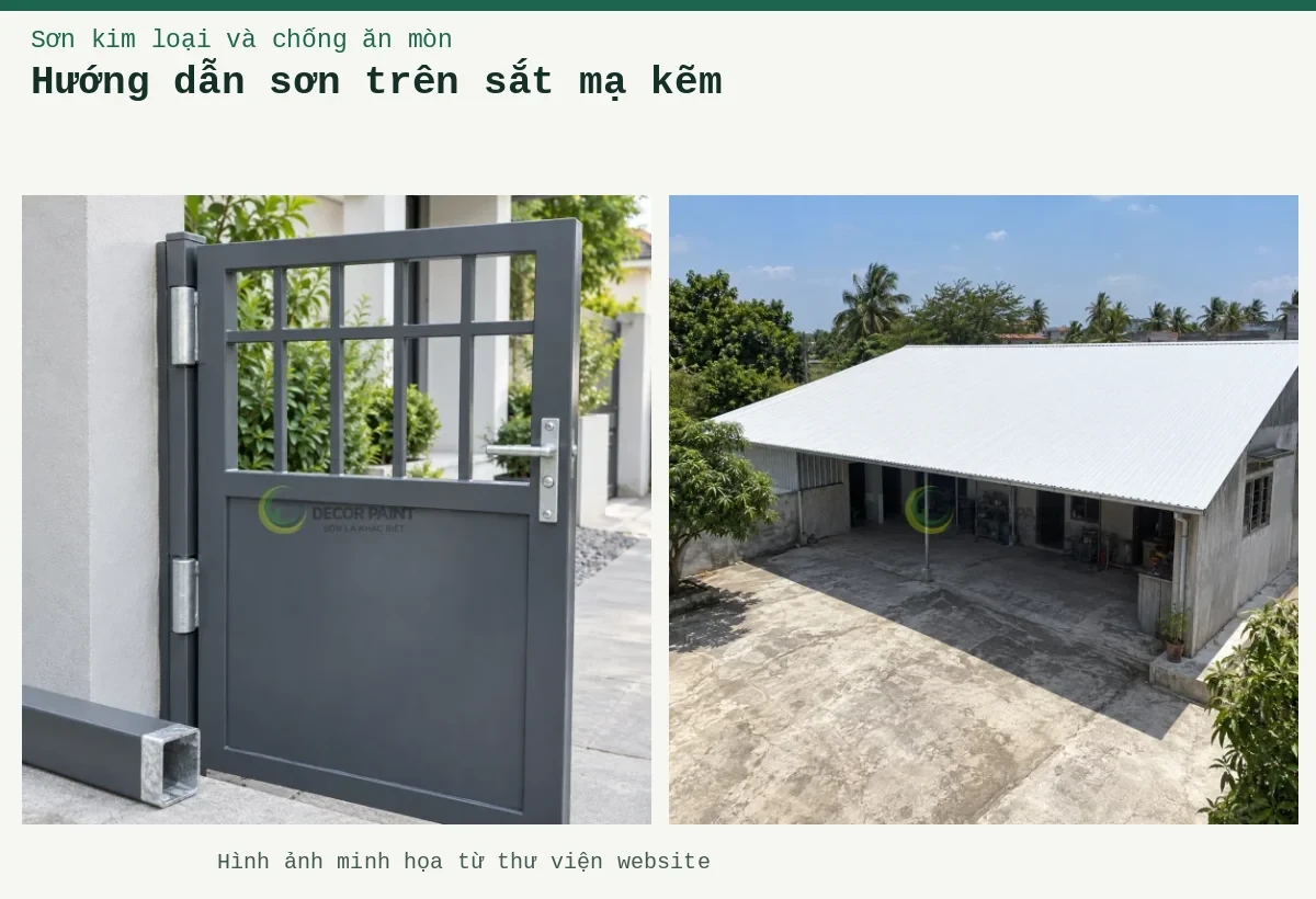 Hướng dẫn sơn trên sắt mạ kẽm – Ảnh minh họa: Cửa sắt mạ kẽm phủ màu ghi cùng mẫu vật liệu đối chiếu; Mái tôn trắng của công trình một tầng và khoảng sân phía trước.